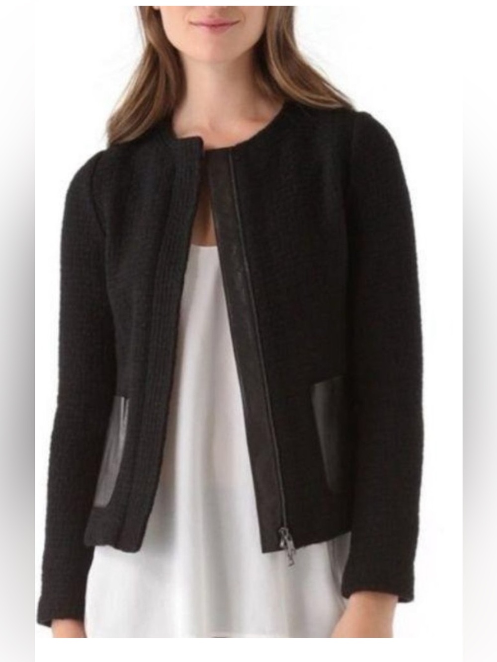 Vince Black Textured Blazer with Leather Trim